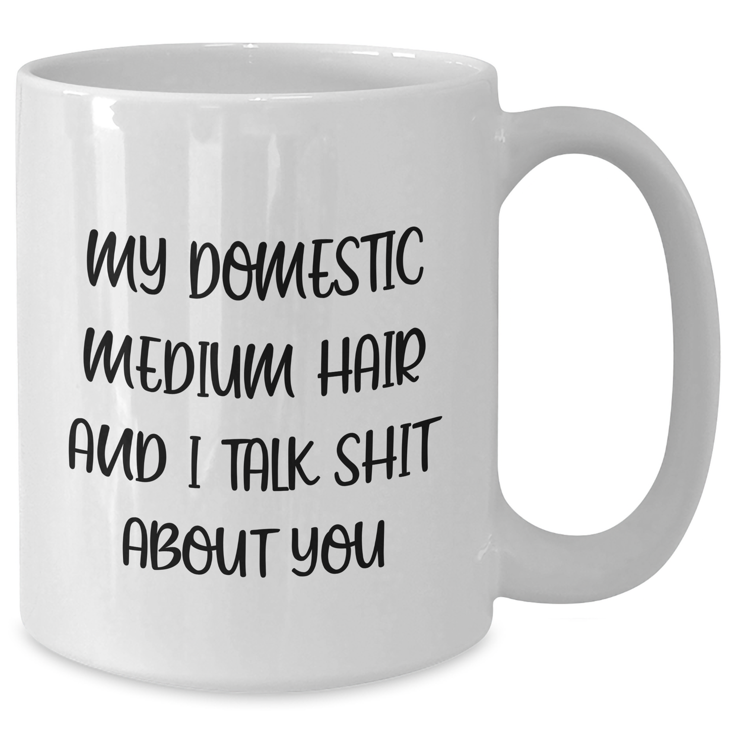 Funny Domestic Medium Hair Cat Quotes, Gifts from Friends for Family, Unique White Coffee Mug for Graduation, 'My Domestic Medium Hair And I Talk Shit About You' Printed on 11oz or 15oz Ceramic Mug - Additional