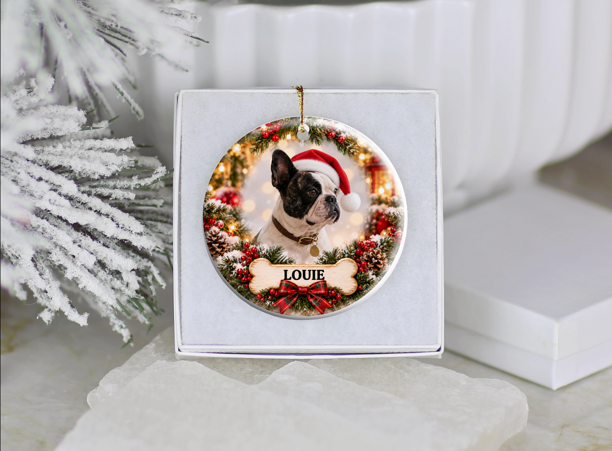 PCO-FB-001 Personalized French Bulldog Christmas Ornament, Custom Pet Portrait from Photo, Ceramic Frenchie Gift with Name
