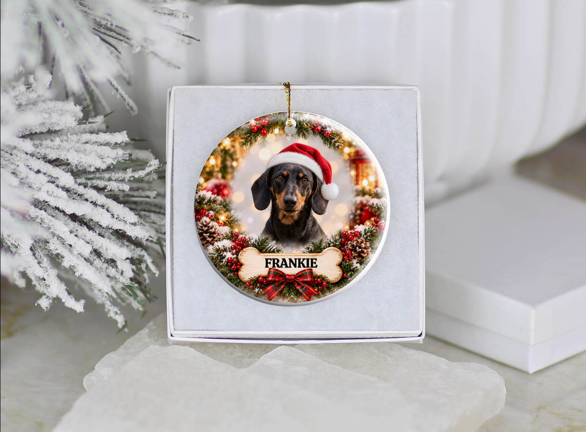 Personalized Dachshund Christmas Ornament, Custom Dog Portrait from Photo, Ceramic Wiener Dog Keepsake with Name