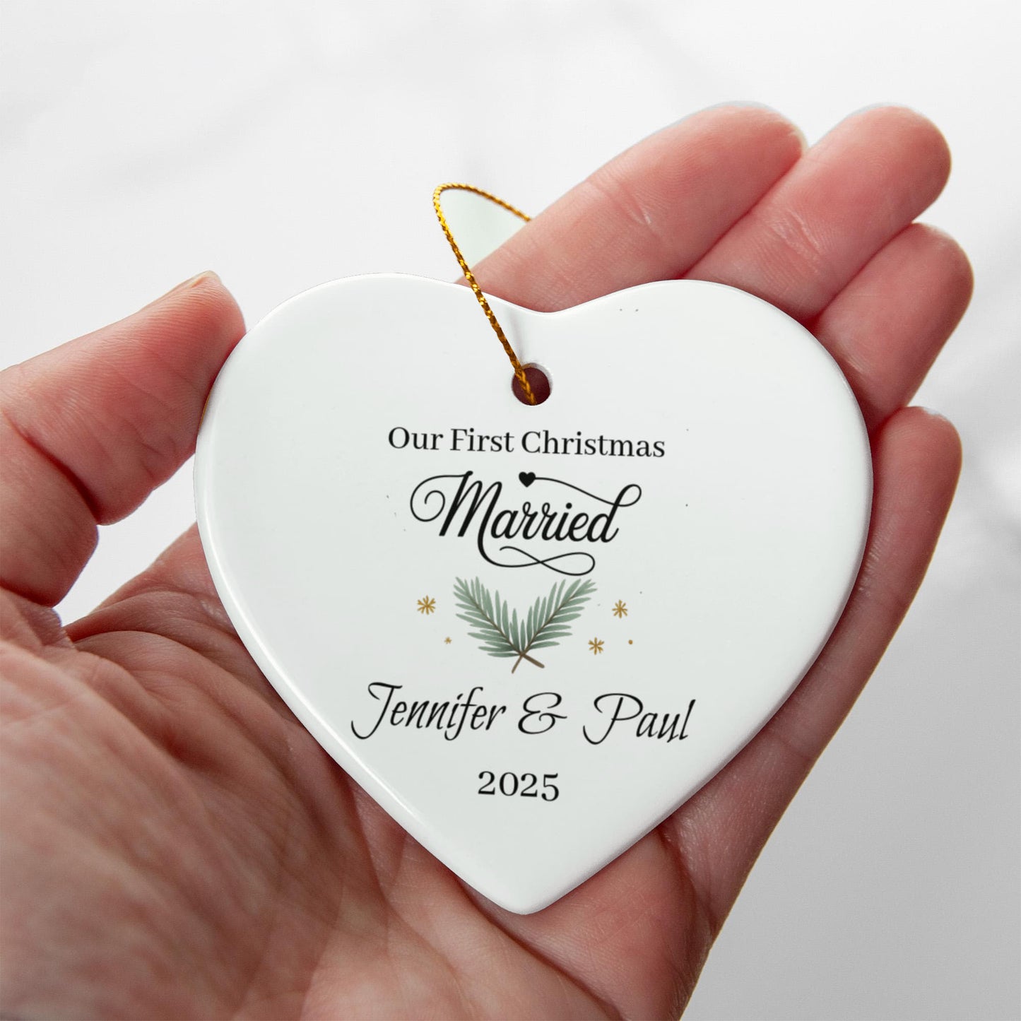 Personalized Heart-Shaped Ceramic Ornament – Our First Christmas Married Keepsake