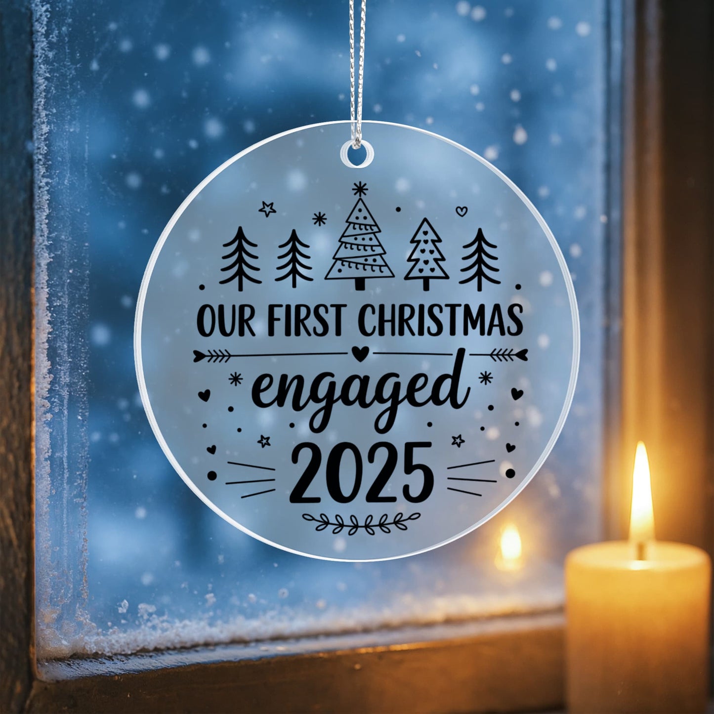 đ€ Our First Christmas Engaged 2025 Ornament â Modern Black & White Acrylic Keepsake