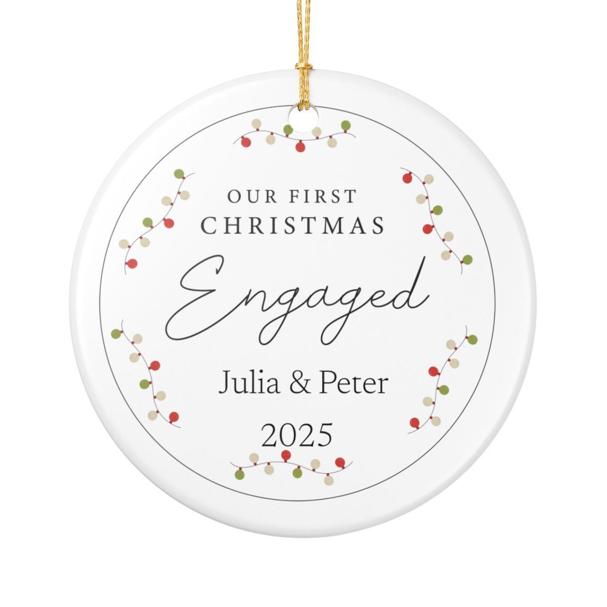 Our First Christmas Engaged Personalized Ornament – Custom Names (Acrylic or Ceramic)