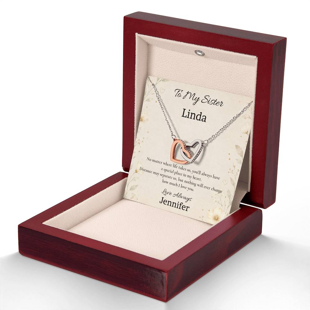 To My Sister – No Matter Where Life Takes Us Interlocking Hearts Necklace