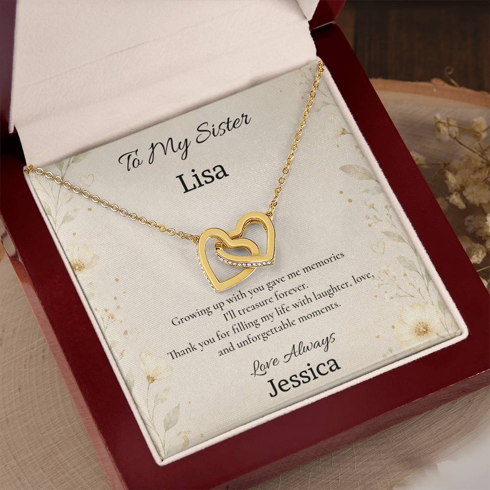 To My Sister – Thank You for Filling My Life with Laughter Interlocking Hearts Necklace