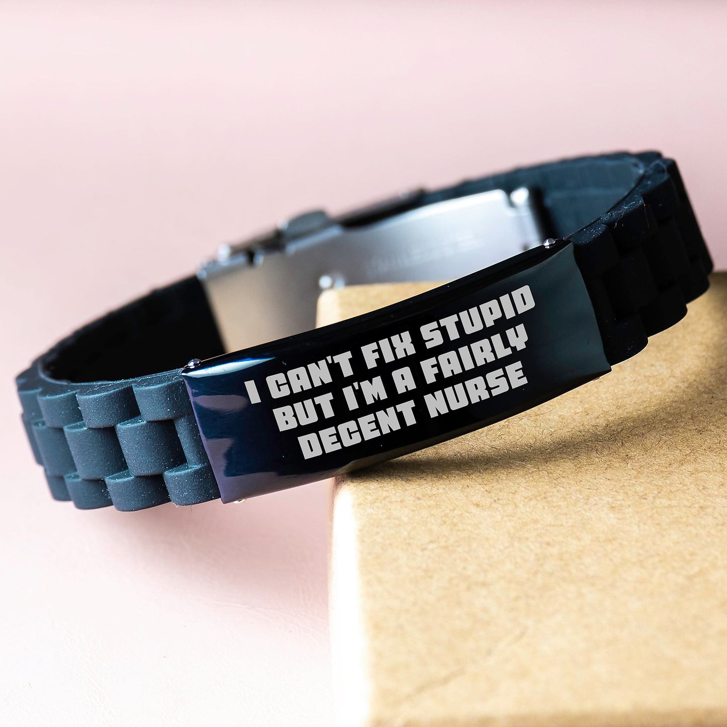 Funny Nurse Gifts from Men, Women, Friends, or Coworkers for Nurses on Birthday - Inspirational Glide lock Clasp Bracelet with I Cant Fix Stupid Quote, Black Stainless Steel, Silver, Silicone - Image 3