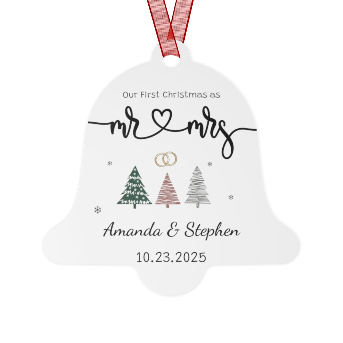 ✨ Our First Christmas as Mr & Mrs – Personalized Newlywed Metal Ornament (Round, Oval, or Bell Shape) ✨