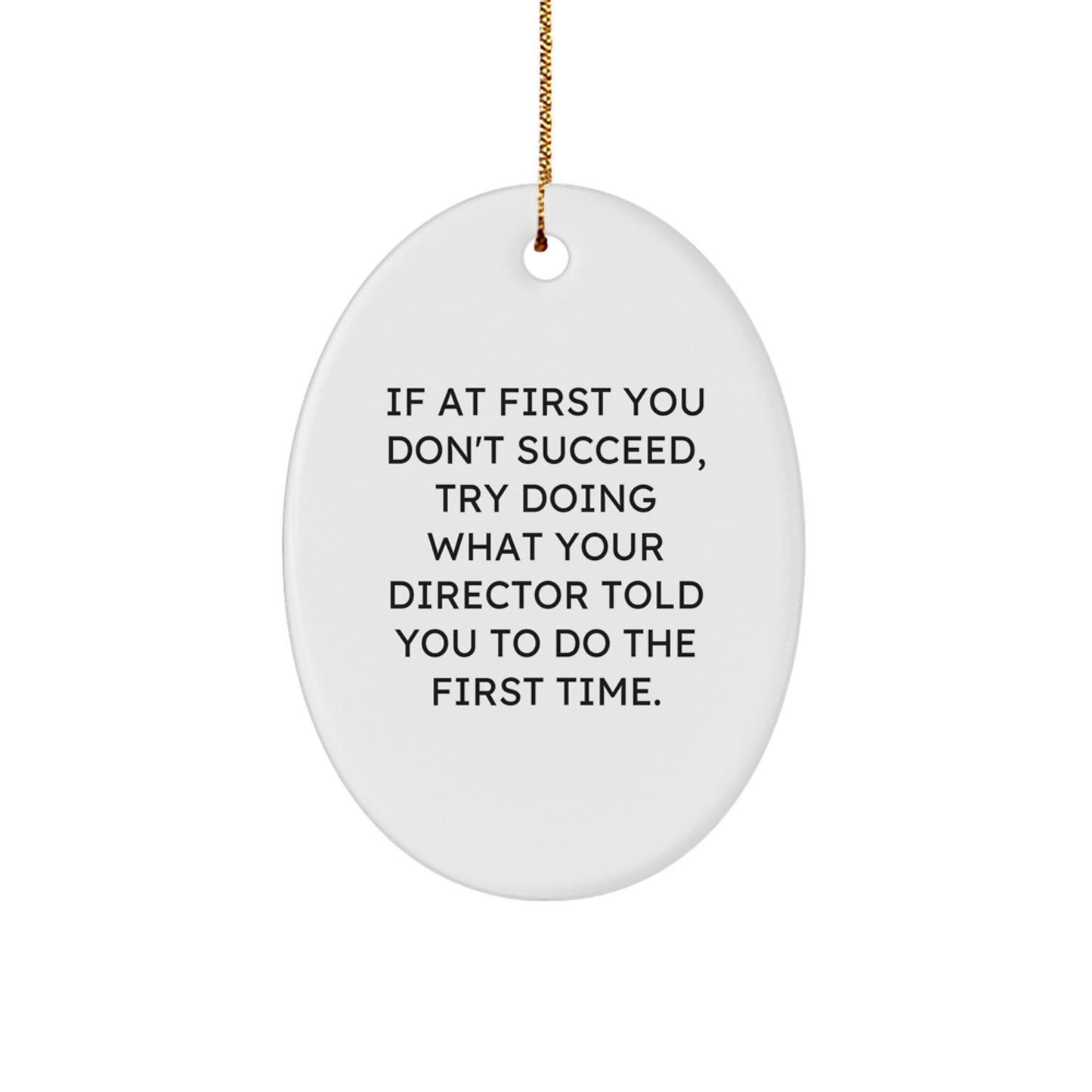 Funny Director Gifts from Friends for Christmas Unique Oval Ornament, 'If At First You Don't Succeed, Try Doing What Your Director Told You To Do The First Time.' - Image 1