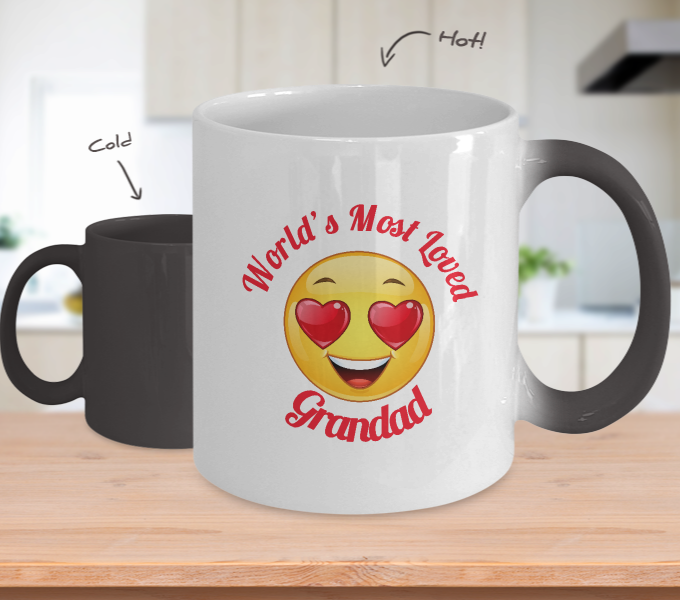 Grandad Gift Coffee Mug - Color Changing Ceramic - 11 oz - Grandparent's Day - Father's Day - World's Most Loved - Heart Eyes Emoticon - The VIP Emporium