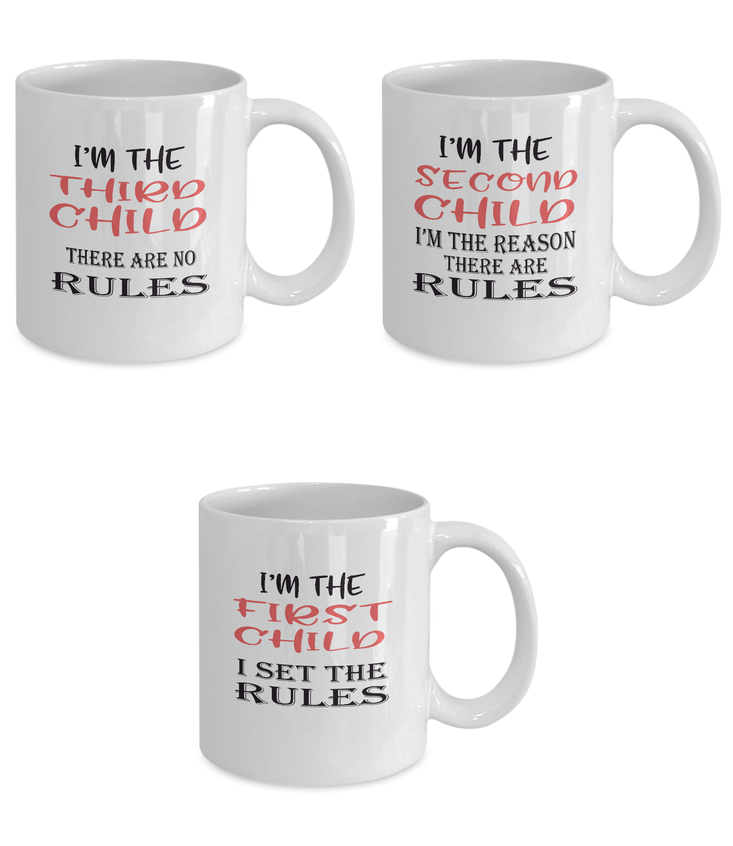 Funny Gift Mugs for Families with Three Children - Rules - Set of Three Ceramic 11oz Mugs - The VIP Emporium