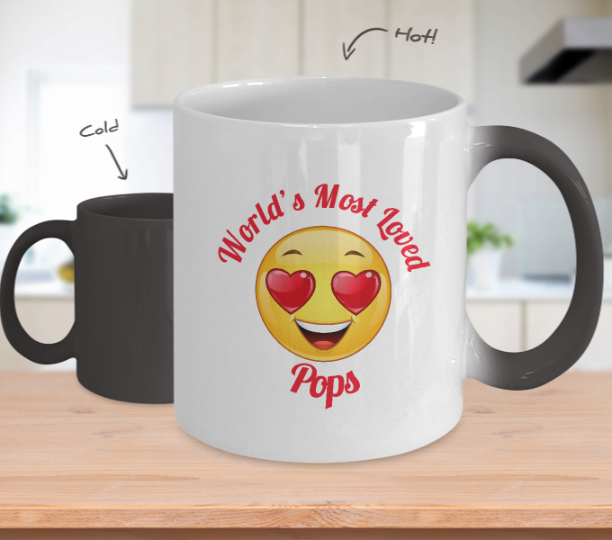 Pops Gift Coffee Mug - Color Changing Ceramic - 11 oz - Grandparent's Day - Father's Day - World's Most Loved - Heart Eyes Emoticon - The VIP Emporium