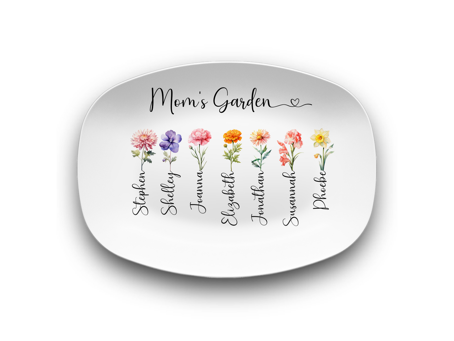 MD102 Mom’s Garden Birth Flower Platter – Personalized Gift with Children’s Names – Custom Birth Month Flower Keepsake for Mom – Mother’s Day Gift
