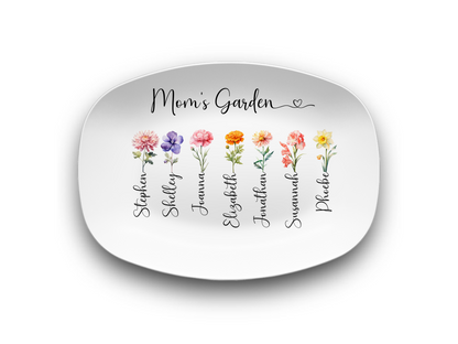 MD102 Mom’s Garden Birth Flower Platter – Personalized Gift with Children’s Names – Custom Birth Month Flower Keepsake for Mom – Mother’s Day Gift