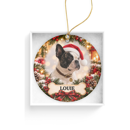 PCO-FB-001 Personalized French Bulldog Christmas Ornament, Custom Pet Portrait from Photo, Ceramic Frenchie Gift with Name