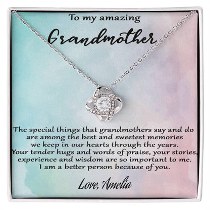 Gift for Grandmother – Love Knot Necklace – Personalized Name Gift from Grandchild – “To My Amazing Grandmother” Jewelry