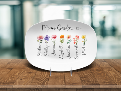MD102 Mom’s Garden Birth Flower Platter – Personalized Gift with Children’s Names – Custom Birth Month Flower Keepsake for Mom – Mother’s Day Gift