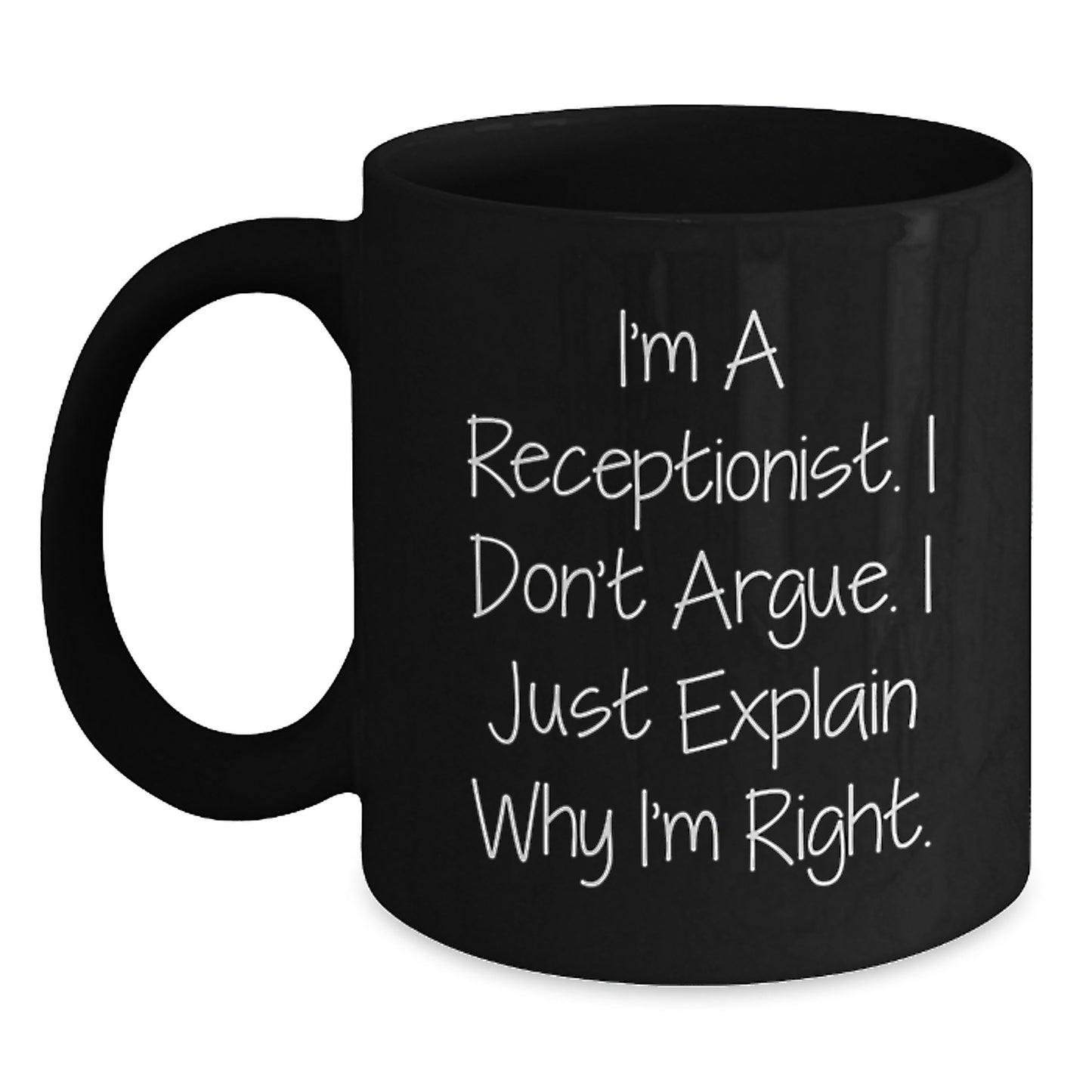 Funny Receptionist Quote Gifts from Men to Coworkers, Black Coffee Mug for Receptionist Birthday, Inspirational Mug for Her, Him, or Friends - Main