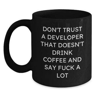 Funny Gifts for Developer Friends, 'Don't Trust A Developer' Black Coffee Mug, Unique Christmas Memorable Presents from Men to Coworker - Main