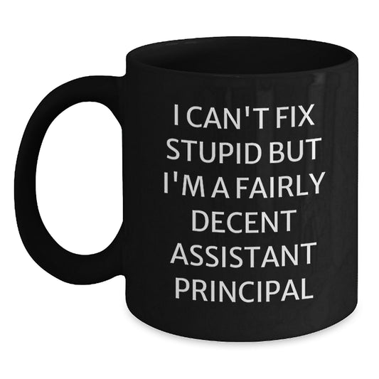 Funny Assistant Principal Gifts for Men, Women, Friends, Coworkers, and Family - I Can't Fix Stupid But I'm A Fairly Decent Assistant Principal Black Coffee Mug, Birthday Unique Gifts from Friends - Main