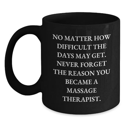Funny Massage Therapist Gifts for Birthday - 'No Matter How Difficult The Days May Get. Never Forget The Reason You Became A Massage Therapist.' Black Coffee Mug from Friends - Main