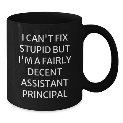 Funny Assistant Principal Gifts for Men, Women, Friends, Coworkers, and Family - I Can't Fix Stupid But I'm A Fairly Decent Assistant Principal Black Coffee Mug, Birthday Unique Gifts from Friends - Additional