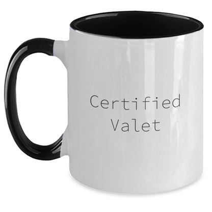 Certified Valet Funny Two Tone Coffee Mugs Gifts from Friends to Valet on Birthday, Quote: 'Good Job!', Black and White, 11oz Ceramic Mug - Main
