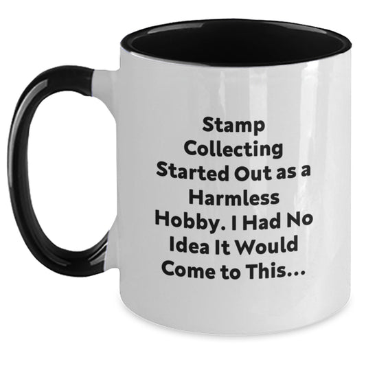 Funny Stamp Collecting Gifts for Stamp Collecting Friends from Men or Women - Two Tone Coffee Mug for Graduation Unique Gifts - Main