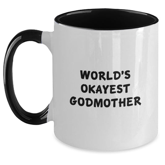 Funny Godmother Gifts from Family for Graduation Unique Two Tone Coffee Mugs, Okayest Godmother Quote, Available in Black and White, Red and White, Navy and White, and Pink and White - Main