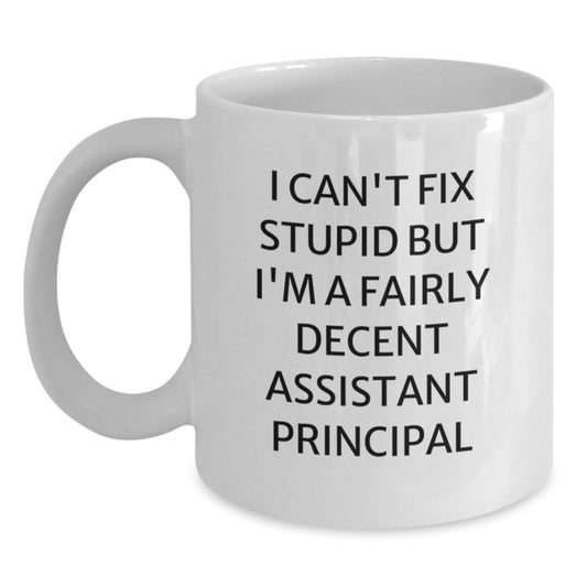 Funny Assistant Principal Gifts for Birthday, White Coffee Mug, Perfect for Men Women Coworkers Friends, I Can't Fix Stupid But I'm A Decent Assistant Principal - Main
