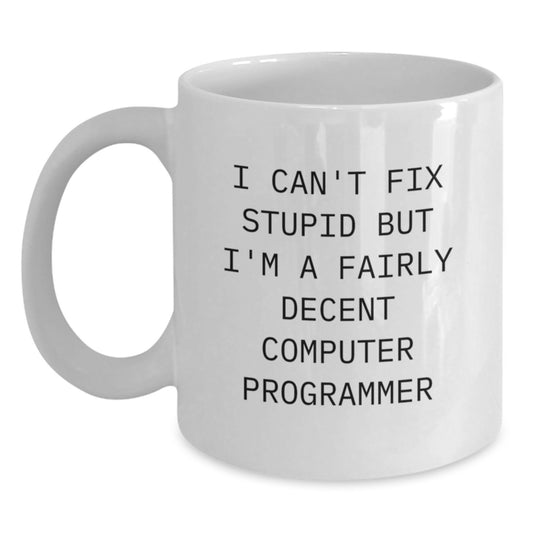 Funny Computer Programmer Mug Gifts for Him from Men Friends Coworkers - White Ceramic Coffee Cup I Can't Fix Stupid But I'm A Fairly Decent Programmer - Main