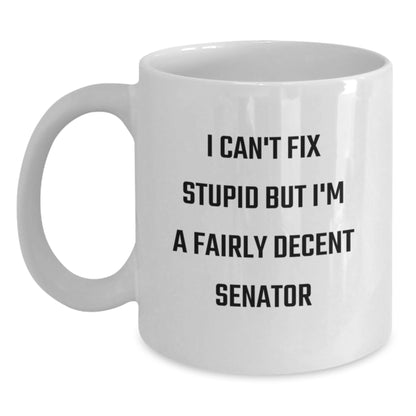 Funny Senator Mom Gifts from Family for the Woman Senator Who Said I Can't Fix Stupid But I'm A Fairly Decent Senator White Coffee Mug - Main