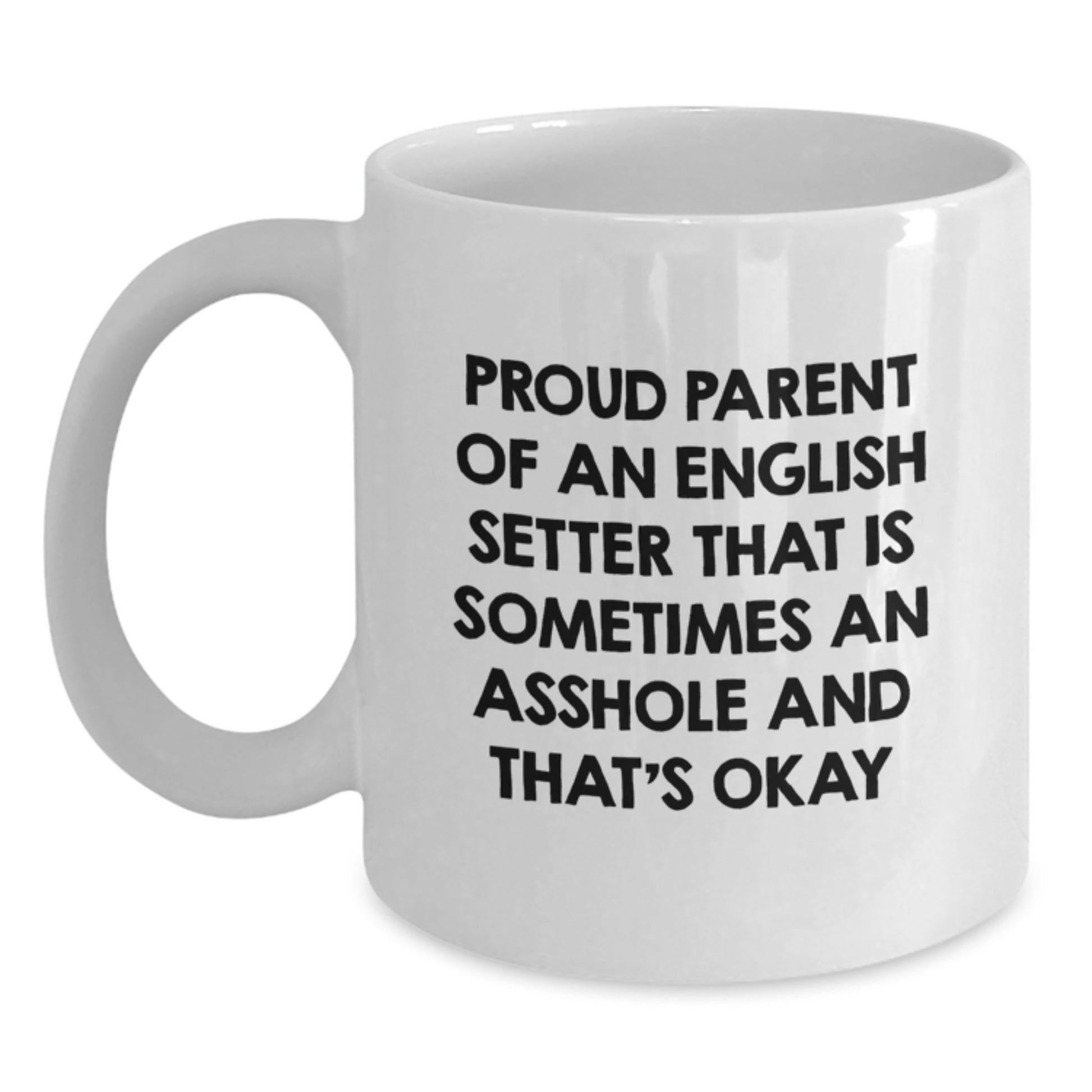 English Setter Dog Parent Gifts, Funny White Coffee Mug for Graduation from Proud Parents, 'Sometimes an Asshole and That's Okay' Quote - Main