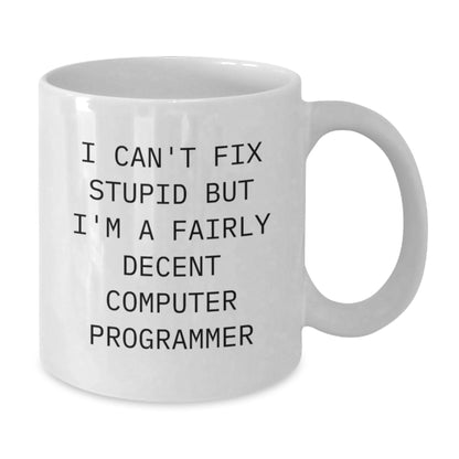 Funny Computer Programmer Mug Gifts for Him from Men Friends Coworkers - White Ceramic Coffee Cup I Can't Fix Stupid But I'm A Fairly Decent Programmer - Additional