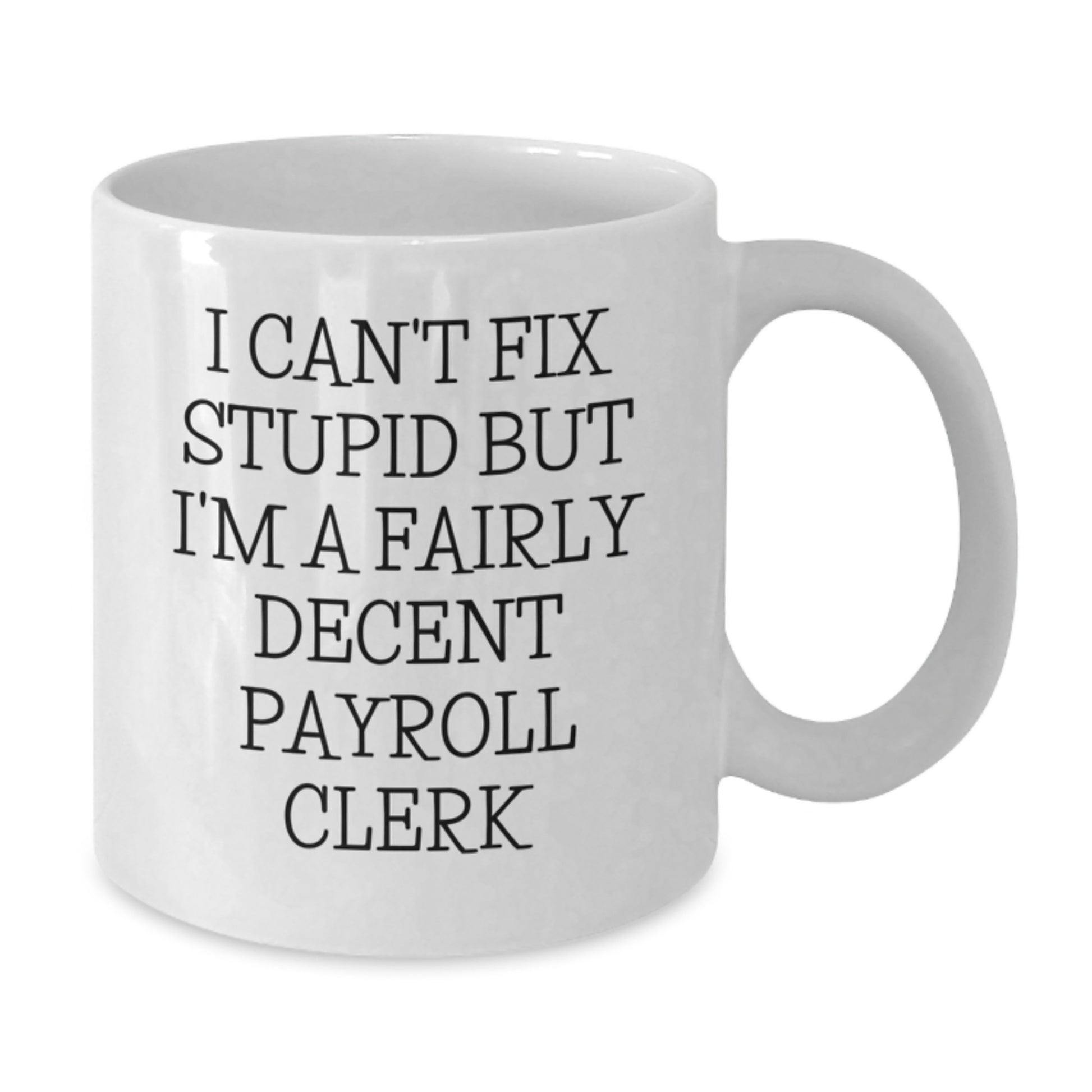 Funny Payroll Clerk Gifts from Men, Women, Friends, Coworkers, Family for Valentine's Unique White Coffee Mugs with 'I Can't Fix Stupid But I'm A Fairly Decent Payroll Clerk' Quote - Additional