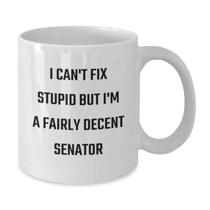 Funny Senator Mom Gifts from Family for the Woman Senator Who Said I Can't Fix Stupid But I'm A Fairly Decent Senator White Coffee Mug - Additional