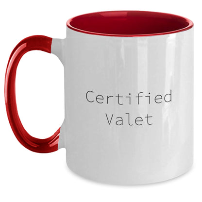 Certified Valet Funny Two Tone Coffee Mugs Gifts from Friends to Valet on Birthday, Quote: 'Good Job!', Black and White, 11oz Ceramic Mug - Main