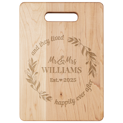 Personalized Wedding Cutting Board – Custom Family Name “Happily Ever After” Design | Handcrafted Maple | Made in the USA