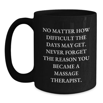 Funny Massage Therapist Gifts for Birthday - 'No Matter How Difficult The Days May Get. Never Forget The Reason You Became A Massage Therapist.' Black Coffee Mug from Friends - Main