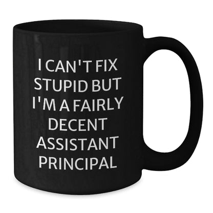 Funny Assistant Principal Gifts for Men, Women, Friends, Coworkers, and Family - I Can't Fix Stupid But I'm A Fairly Decent Assistant Principal Black Coffee Mug, Birthday Unique Gifts from Friends - Additional