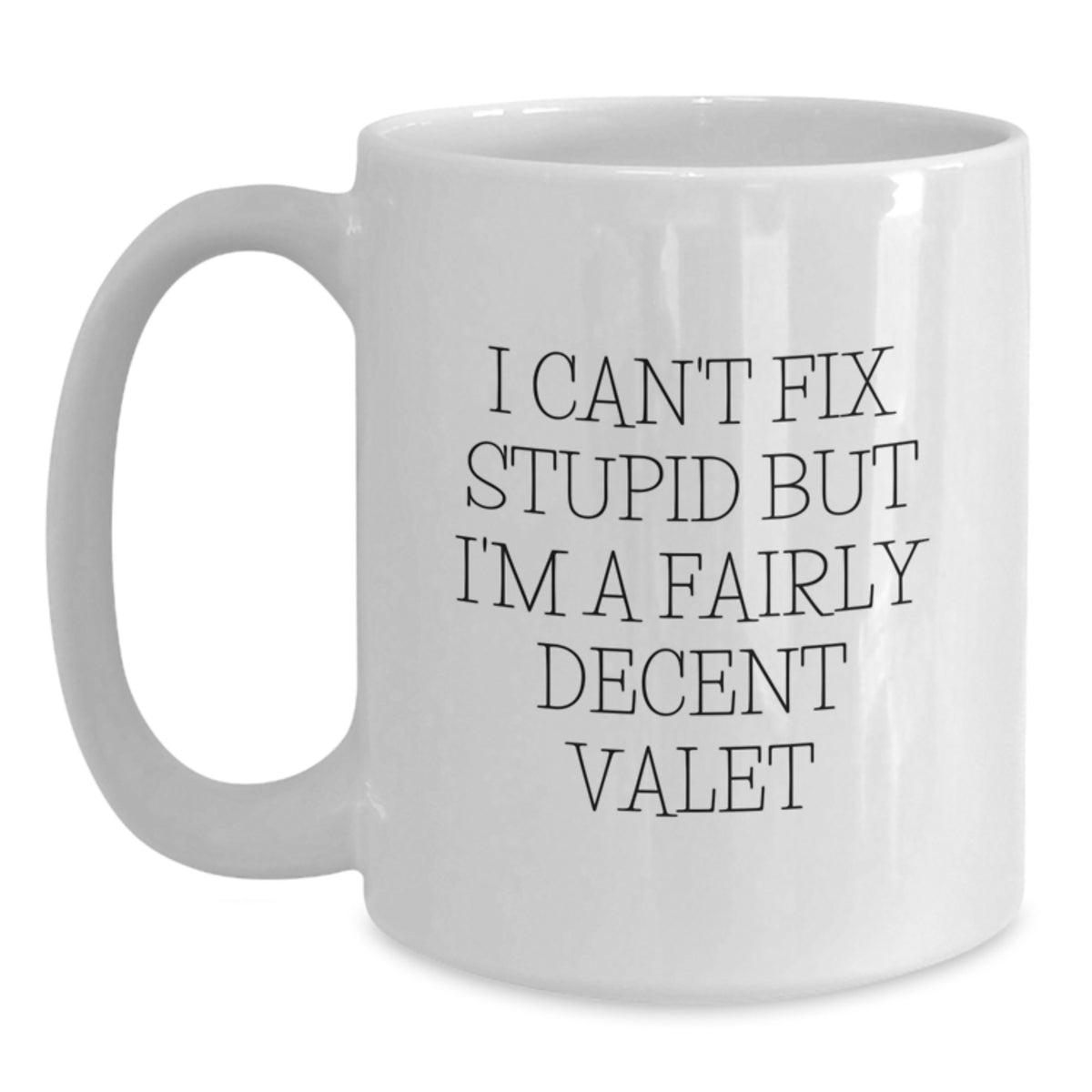 Funny Valet Gifts from Friends for Birthday Unique White Coffee Mugs, I Can't Fix Stupid But I'm A Fairly Decent Valet - Main