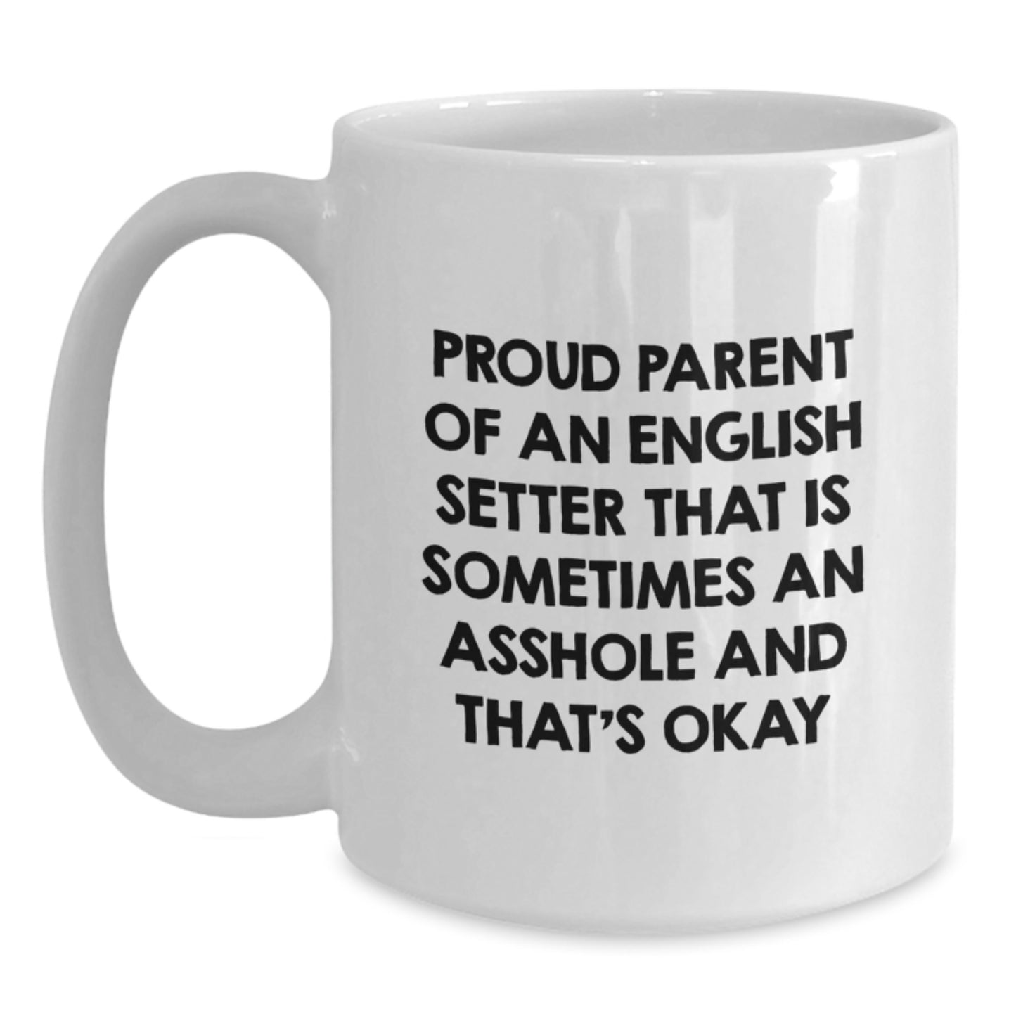 English Setter Dog Parent Gifts, Funny White Coffee Mug for Graduation from Proud Parents, 'Sometimes an Asshole and That's Okay' Quote - Main