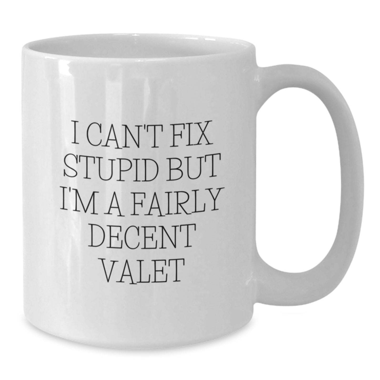 Funny Valet Gifts from Friends for Birthday Unique White Coffee Mugs, I Can't Fix Stupid But I'm A Fairly Decent Valet - Additional