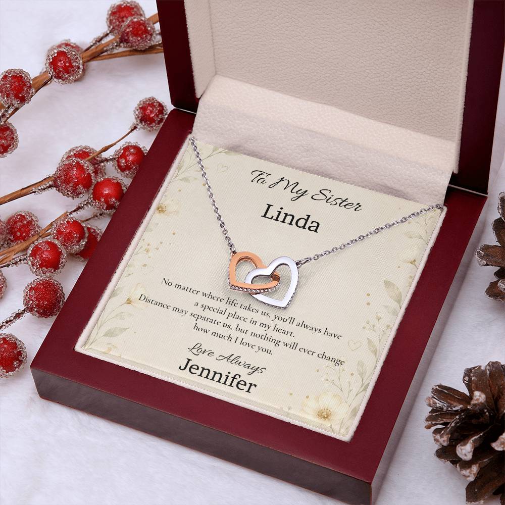 To My Sister – No Matter Where Life Takes Us Interlocking Hearts Necklace