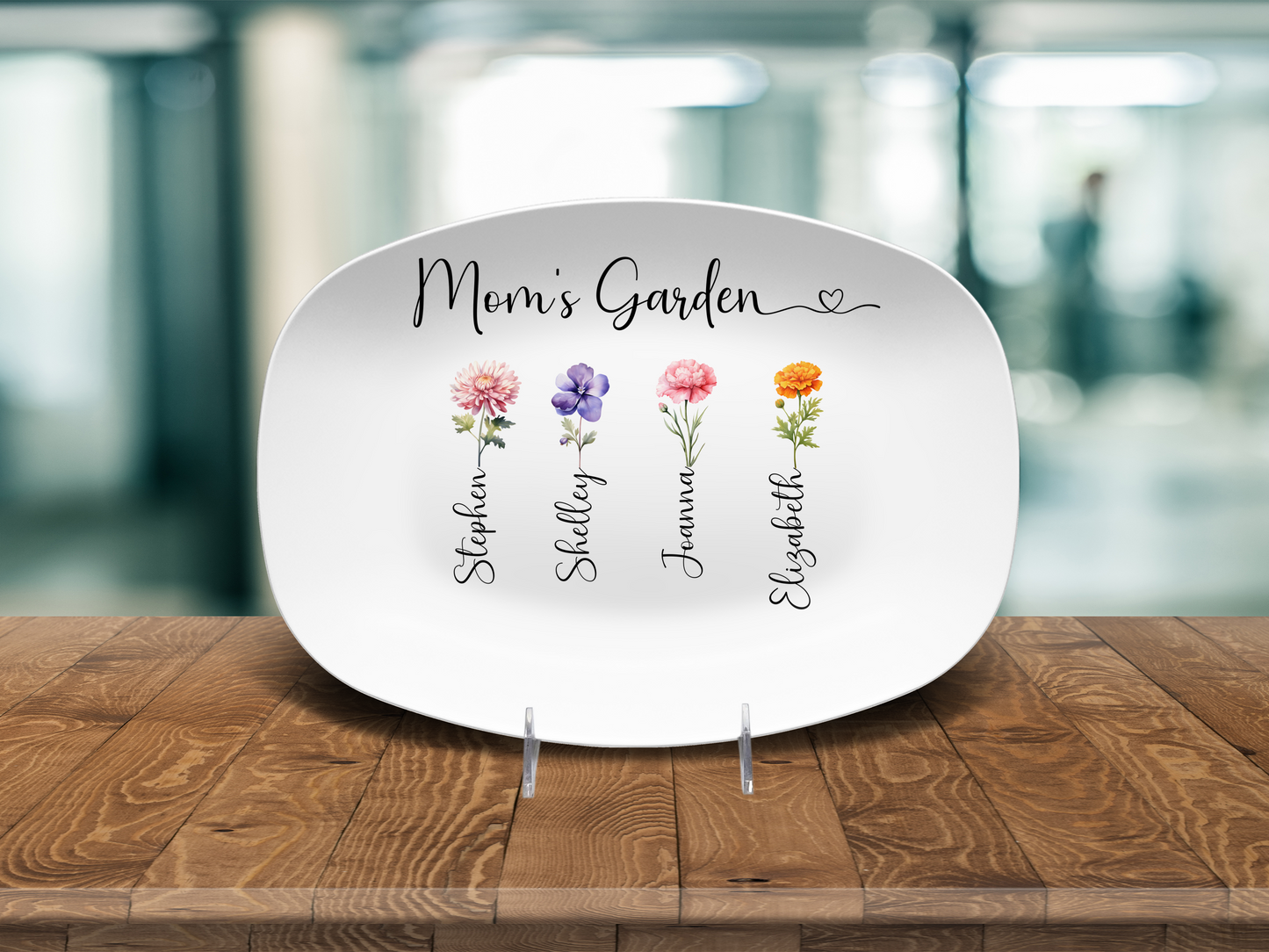MD102 Mom’s Garden Birth Flower Platter – Personalized Gift with Children’s Names – Custom Birth Month Flower Keepsake for Mom – Mother’s Day Gift