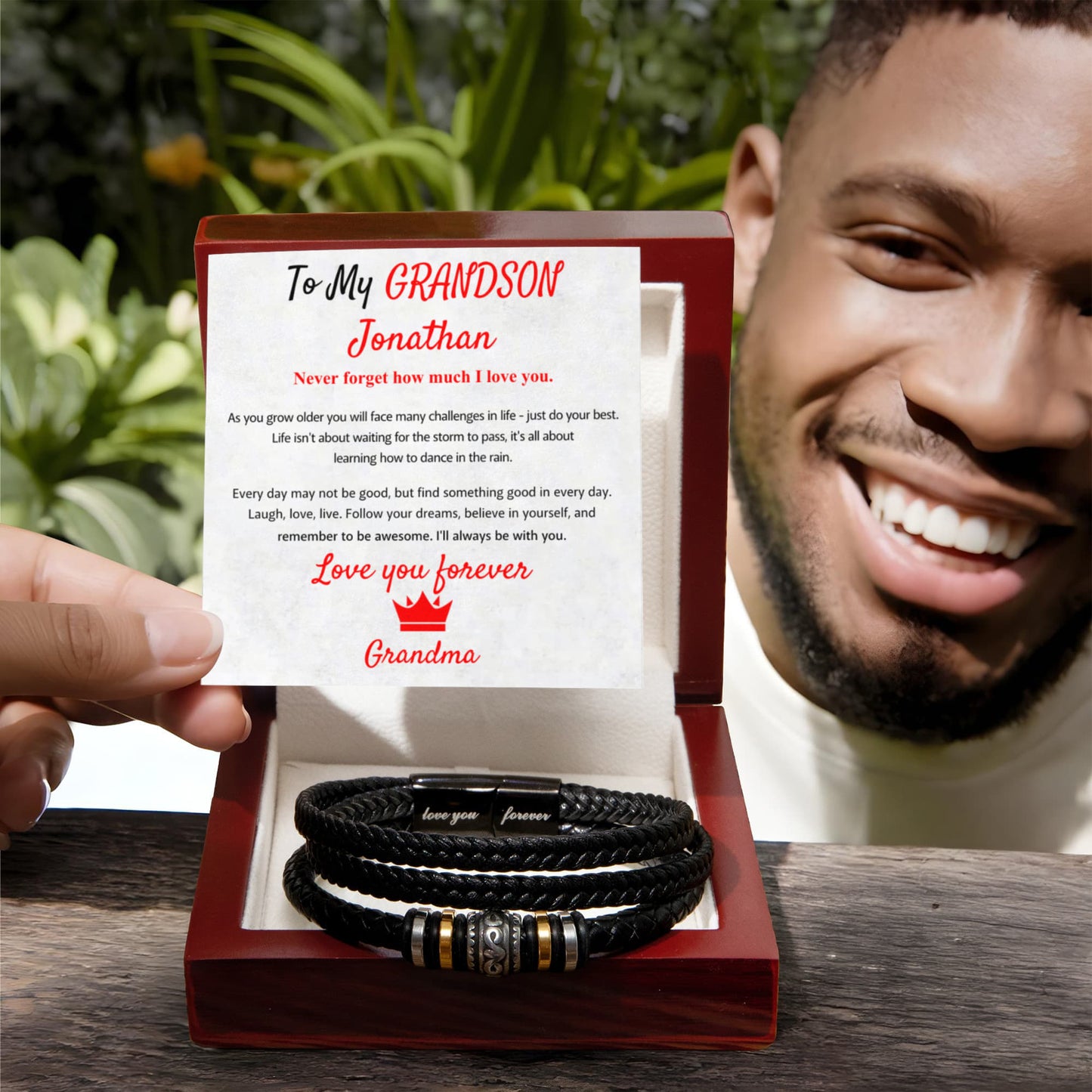 “Love You Forever” Men’s Bracelet with Custom Name Card – Perfect Gift for Grandsons