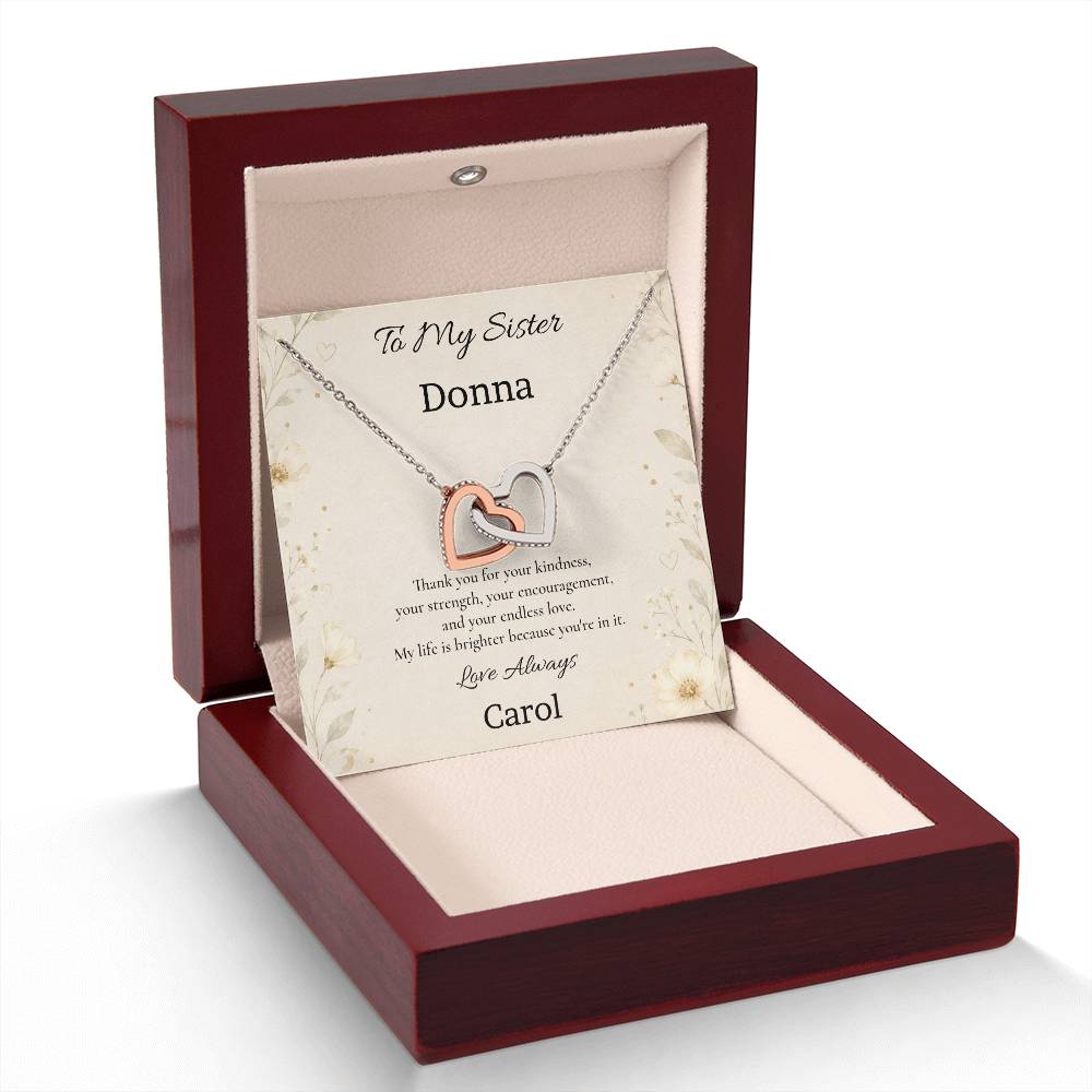 To My Sister Thank You for Your Kindness Interlocking Hearts Necklace with personalised message card in Luxury LED Gift Box