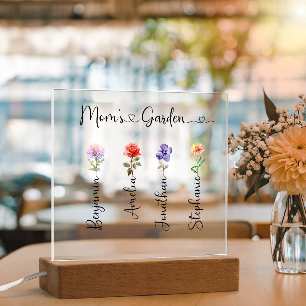Personalized Mom’s Garden Birth Flower LED Plaque – Custom Kids Names Light – Gift for Mom from Children – Mother’s Day Gift
