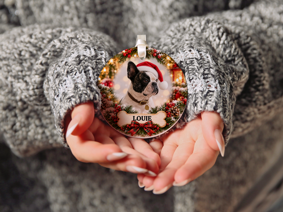 PCO-FB-001 Personalized French Bulldog Christmas Ornament, Custom Pet Portrait from Photo, Ceramic Frenchie Gift with Name