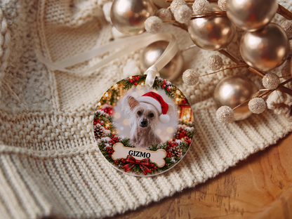 Personalized Chinese Crested Christmas Ornament, Custom Dog Portrait from Photo, Ceramic Pet Keepsake with Name