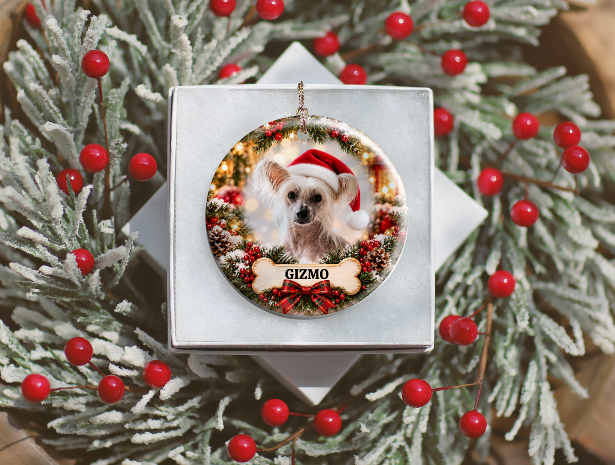 Personalized Chinese Crested Christmas Ornament, Custom Dog Portrait from Photo, Ceramic Pet Keepsake with Name