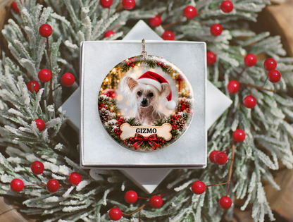Personalized Chinese Crested Christmas Ornament, Custom Dog Portrait from Photo, Ceramic Pet Keepsake with Name